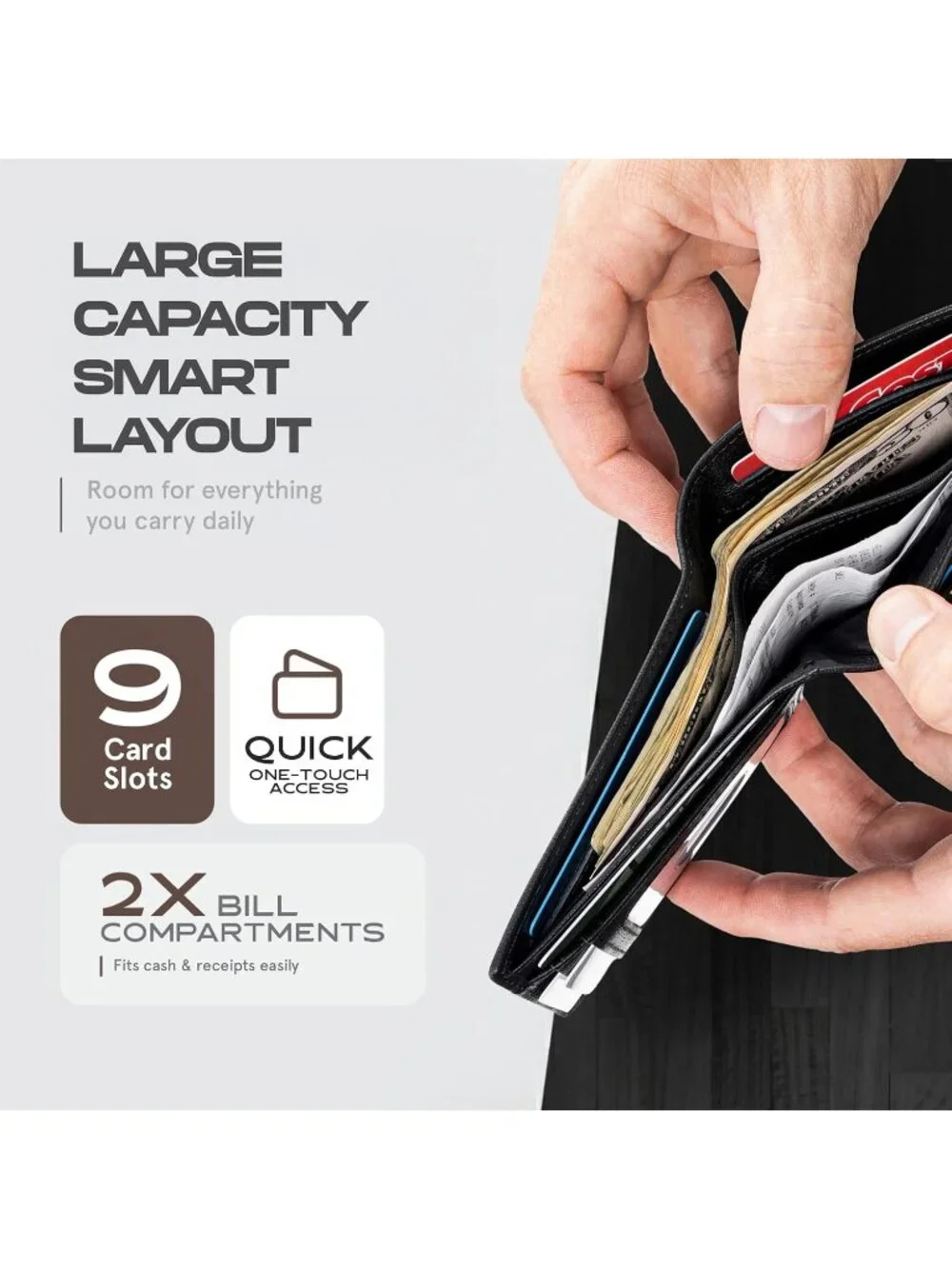 Men's Black-Smooth Leather Bifold Wallet 9 Total Card Slots Dry Cloth Clean